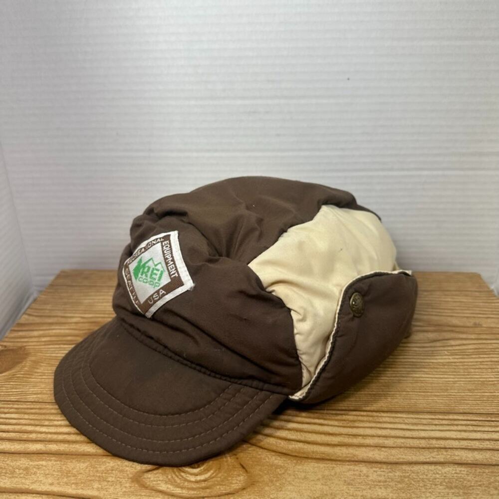 Vintage 90s REI Co-op Brown Winter Hat Puffer Ear Flaps Made in USA